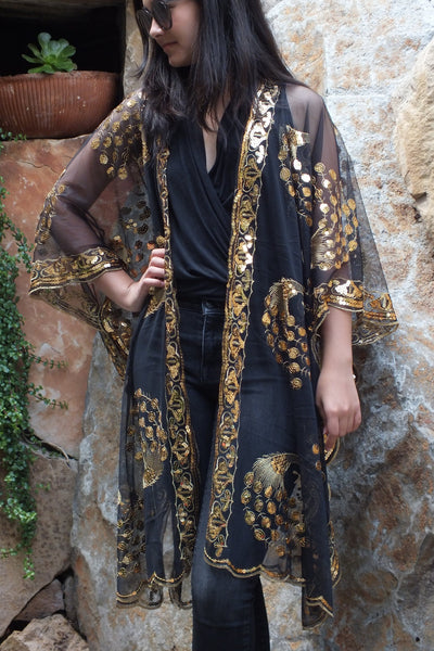 Black Gold Sequin Peacock Duster Caftan Kimono Party Top