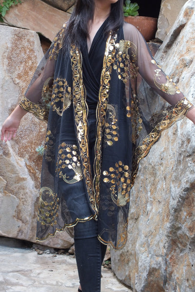 Black Gold Sequin Peacock Duster Caftan Kimono Party Top