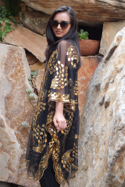 Black Gold Sequin Peacock Duster Caftan Kimono Party Top