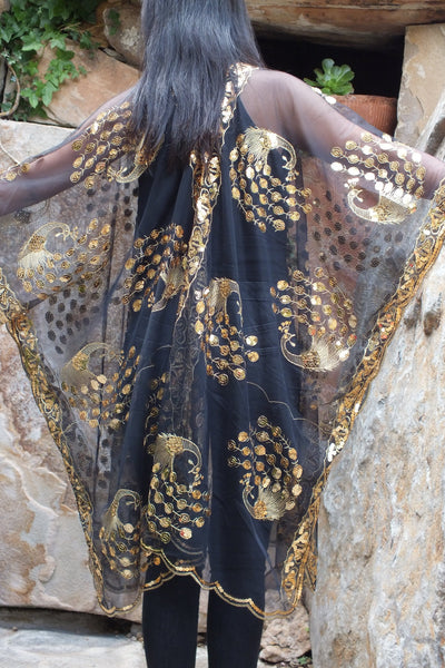 Black Gold Sequin Peacock Duster Caftan Kimono Party Top