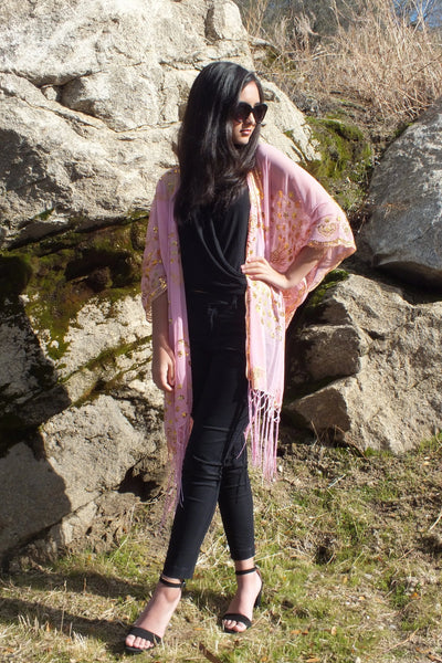 Pink Gold Sequin Embroidered Peacock Pattern Caftan Kimono Top