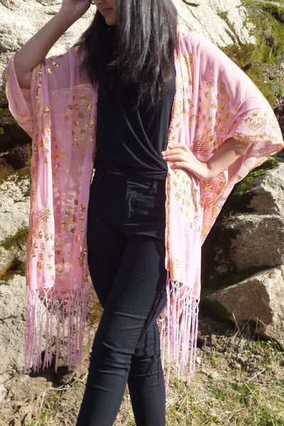 Pink Gold Sequin Embroidered Peacock Pattern Caftan Kimono Top