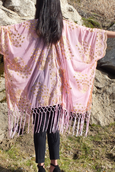 Pink Gold Sequin Embroidered Peacock Pattern Caftan Kimono Top