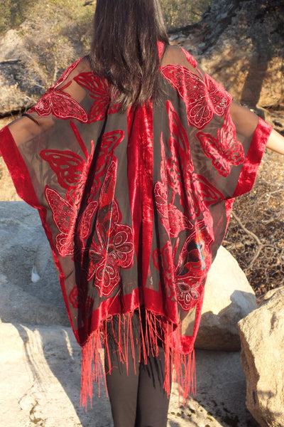Red Burgundy Butterfly Burnout Velvet Duster Kimono Top