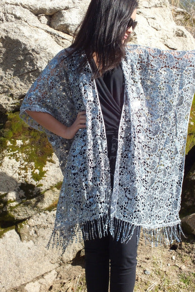Silver Sequin Embroidered Paisley Pattern Kimono Top