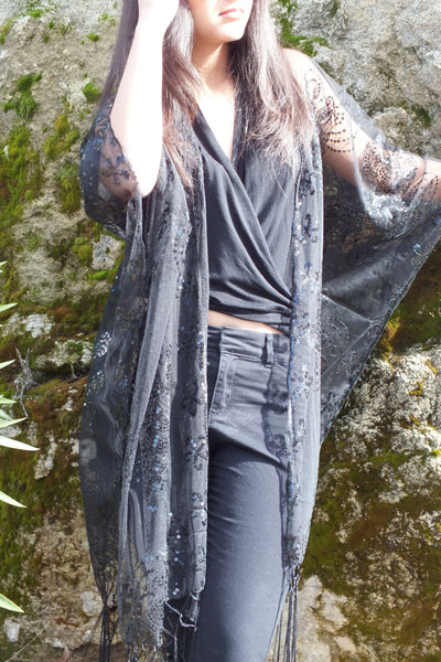 Black Sequin Floral Embroidered Kimono Top