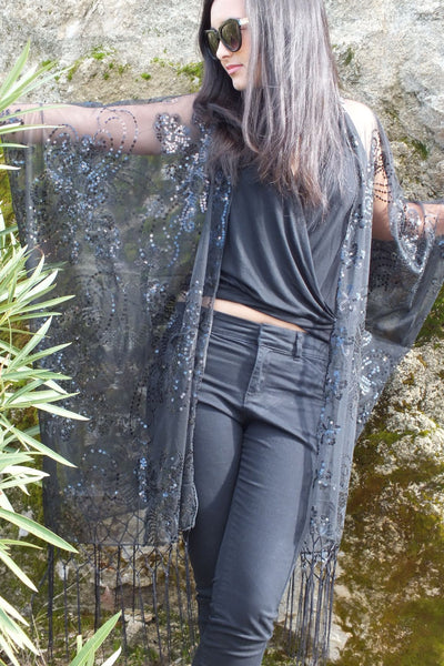 Black Sequin Floral Embroidered Kimono Top