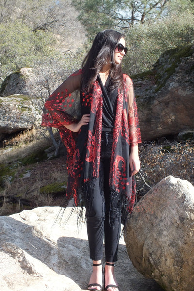 Black Red Sequin Peacock Kimono Duster Party Top