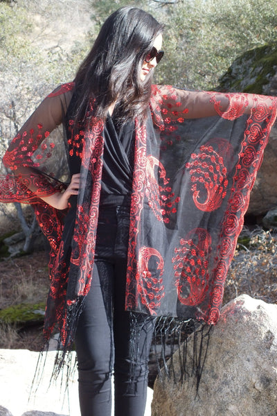 Black Red Sequin Peacock Kimono Duster Party Top