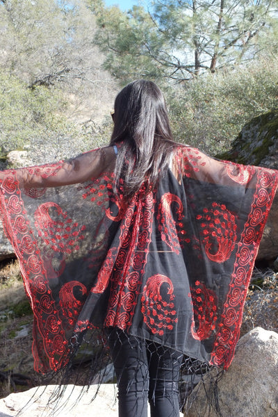 Black Red Sequin Peacock Kimono Duster Party Top