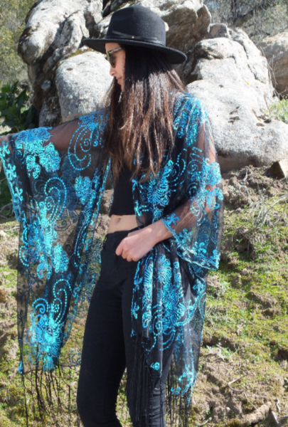 Blue Sequin Floral Embroidered Kimono Duster Party Top