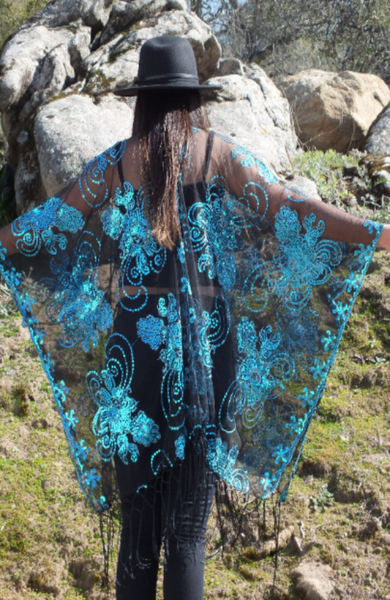 Blue Sequin Floral Embroidered Kimono Duster Party Top