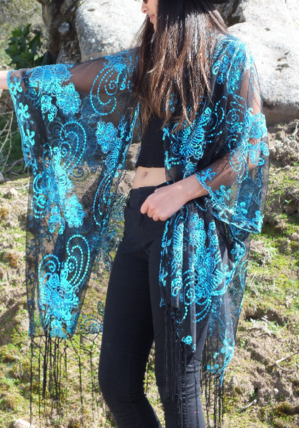 Blue Sequin Floral Embroidered Kimono Duster Party Top