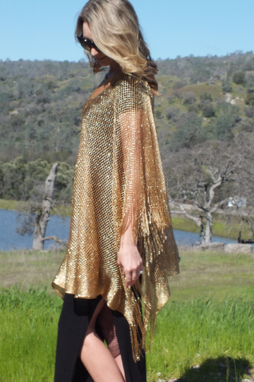 Gold Metallic Mesh Poncho Cape Top One size fits