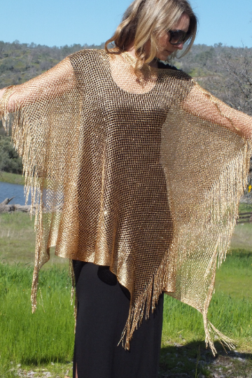 Gold Metallic Mesh Poncho Cape Top One size fits