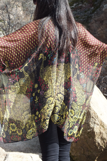 Sheer Red/Gold Peacock Floral Print Tunic Kimono Ruana Top One size