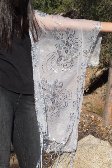 Silver Gray Sequin Flower Kimono  Duster Top One Size