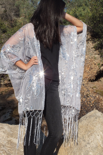 Silver Gray Sequin Flower Kimono  Duster Top One Size