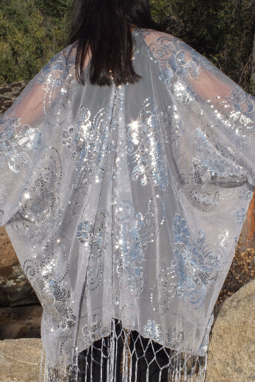 Silver Gray Sequin Flower Kimono  Duster Top One Size