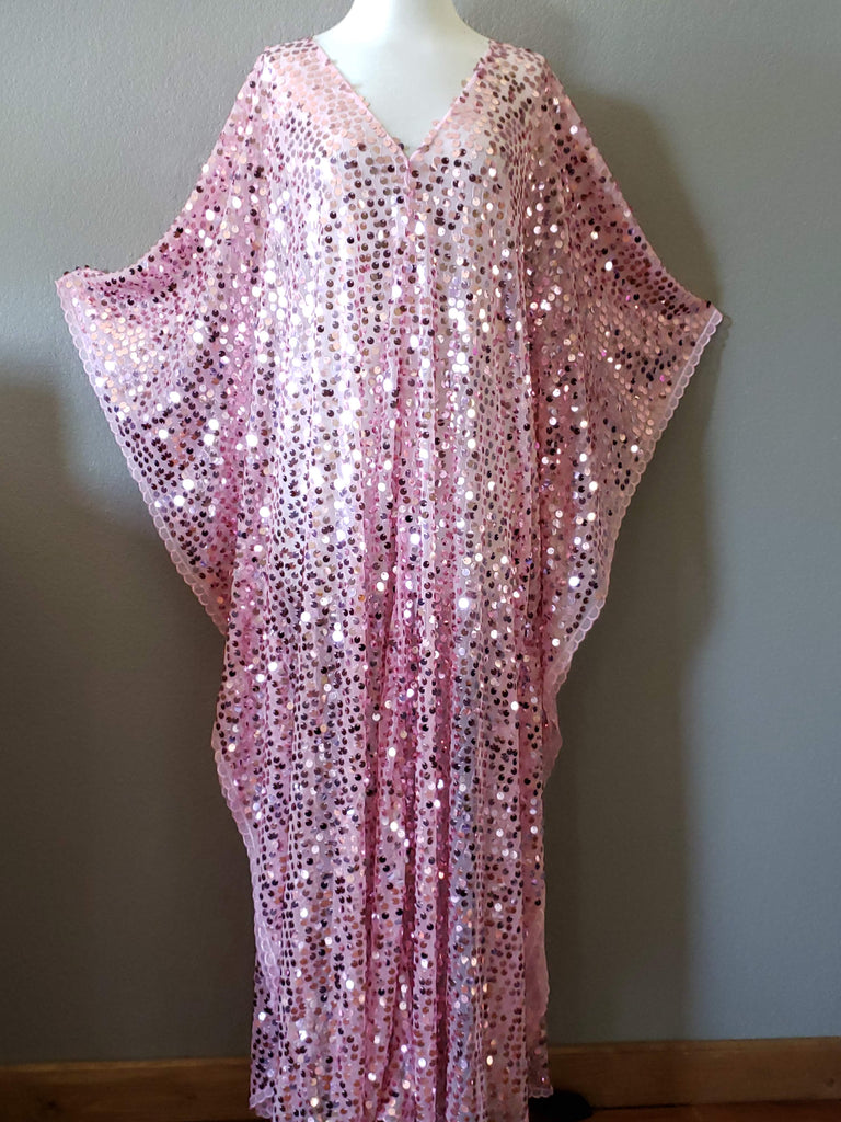 Pink Round Sequin Caftan Kimono Party Dress One Size Fit Pink / 56" Pink Round Sequin Caftan Kimono Party Dress One Size Fit Pink / 56"