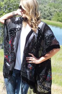 Velvet Duster, Velvet Kimono, Butterfly Print Kimono