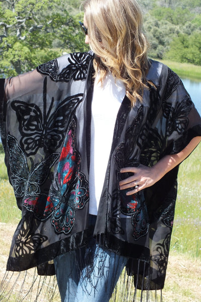 Velvet Duster, Velvet Kimono, Butterfly Print Kimono