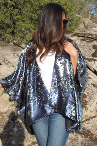 Blue Silver Reversible Sequin Jacket Kimono Top