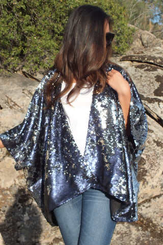 Blue Silver Reversible Sequin Jacket Kimono Top