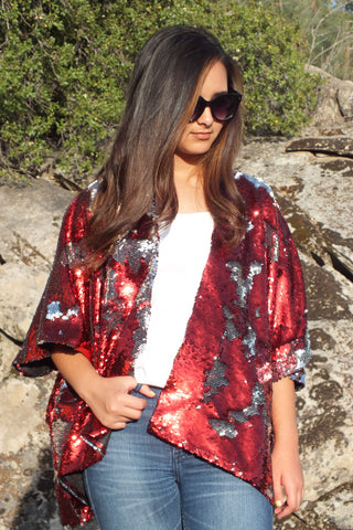 Red Silver Reversible Sequin Kimono Top