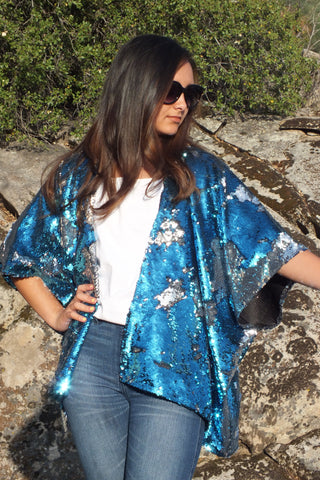 Blue Silver Reversible Sequin Kimono Top