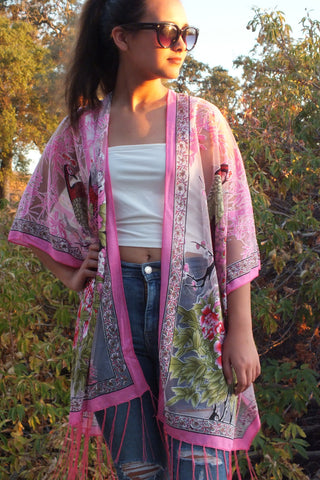 Hot Pink Flower Peacock Print Burnout Duster Kimono Top One size