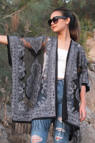 Sheer Paisley Bandana Medallion Burnout Fabric Duster Kimono Top