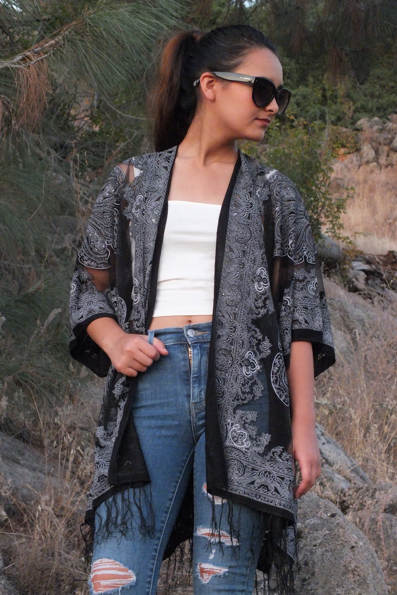 Sheer Paisley Bandana Medallion Burnout Fabric Duster Kimono Top