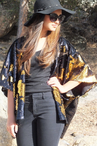 Black Gold Reversible Sequin Party Kimono Top