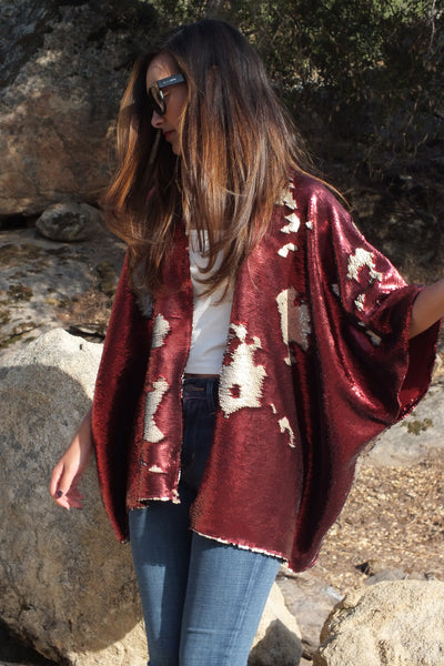 Red Reversible Sequin Kimono Party Top