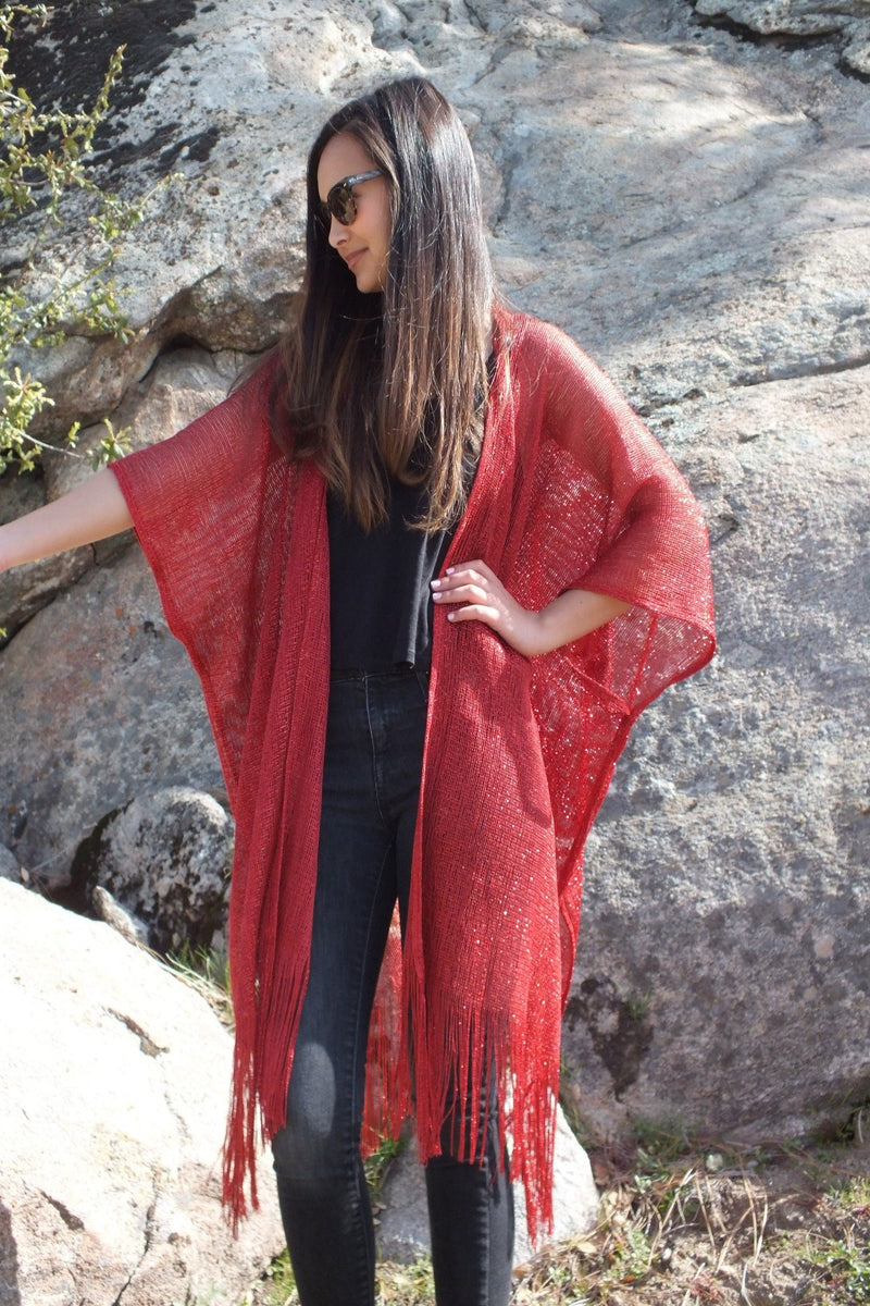 Red Metallic Mesh Festival Kimono Duster Ruana Top One Size – Moddy Vintage