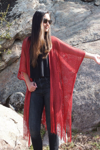 Red Metallic Mesh Festival Kimono Duster Ruana Top One Size