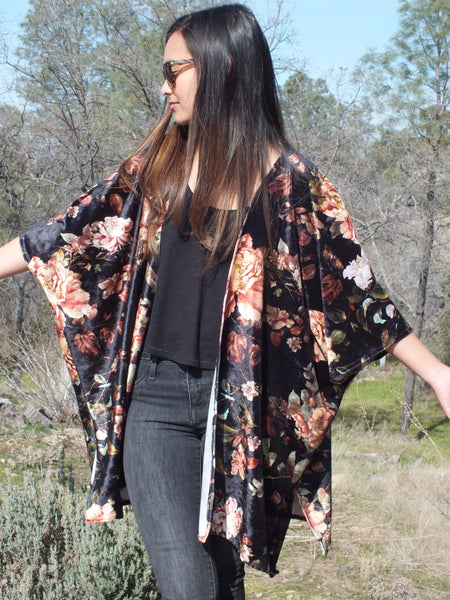 Black Velvet Floral Duster Kimono Top