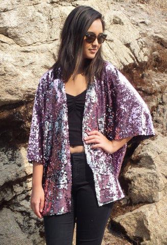 Pink Silver Reversible Sequin Kimono Top