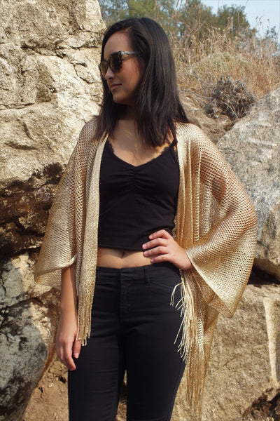 Gold Mesh Metallic Cropped Kimono Shrug Top