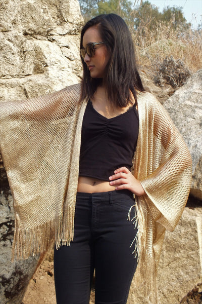 Gold Mesh Metallic Cropped Kimono Shrug Top