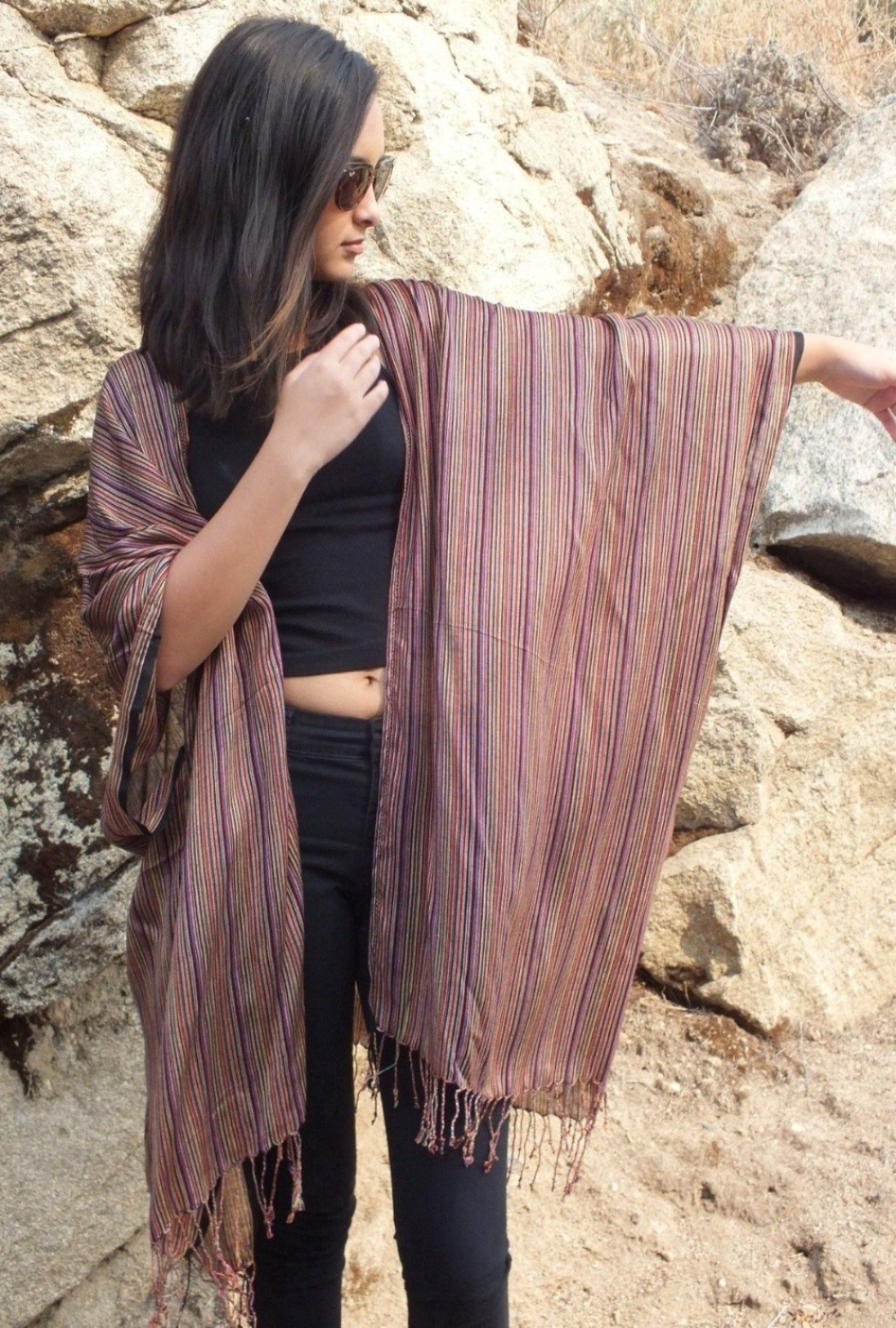 Black Striped Oversized Caftan Kimono Top