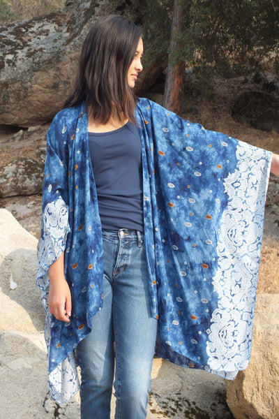 Blue Tie Dye Print Kimono Top One size