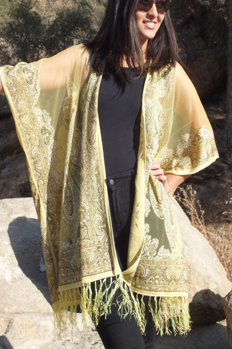 Yellow Sheer Paisley Bandana Medallion Burnout Fabric Duster Kimono To ...