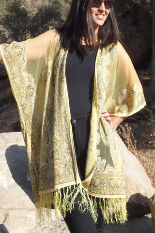 Yellow Sheer Paisley Bandana Medallion Burnout Fabric Duster Kimono Top