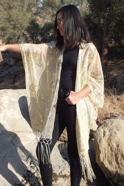 Light Gold Sequin Floral Embroidered Kimono Duster