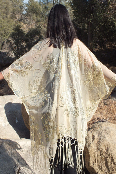 Light Gold Sequin Floral Embroidered Kimono Duster