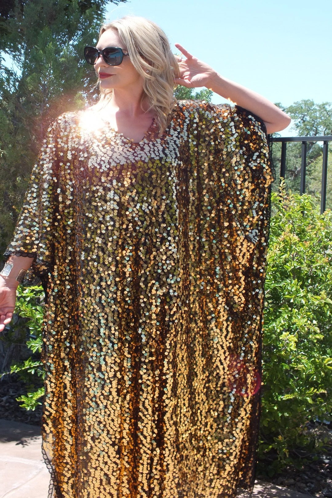 Gold Sequin Caftan Kimono Party Dress One size Gold / 48" Gold Sequin Caftan Kimono Party Dress One size Gold / 48"
