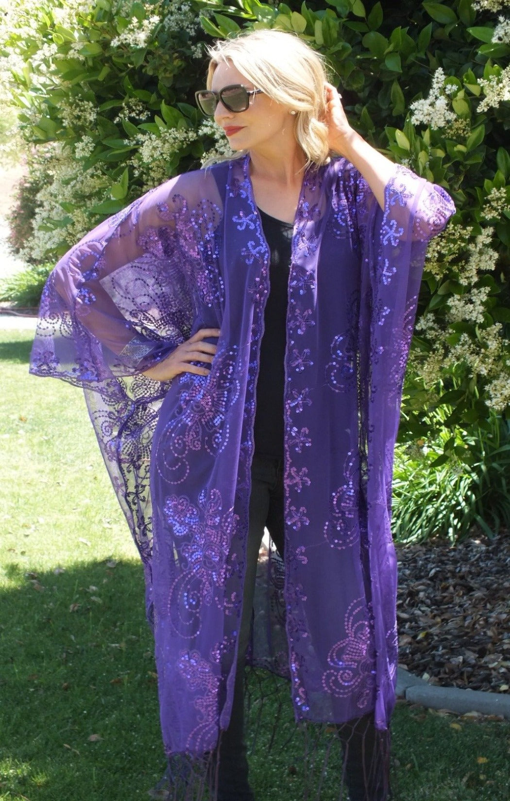 Bohemian Floral Kimono Tie Top - Deep Purple main image 1