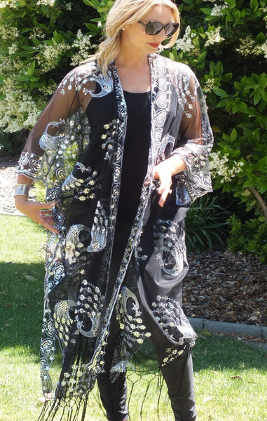 Black Silver Sequin Peacock Caftan Long Kimono